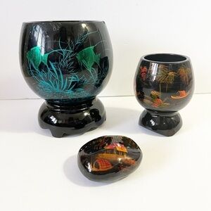 Black Lacquer Footed Wooden Bowl Boat Koi Iridescent Blue Paperweight Vietnam 3x